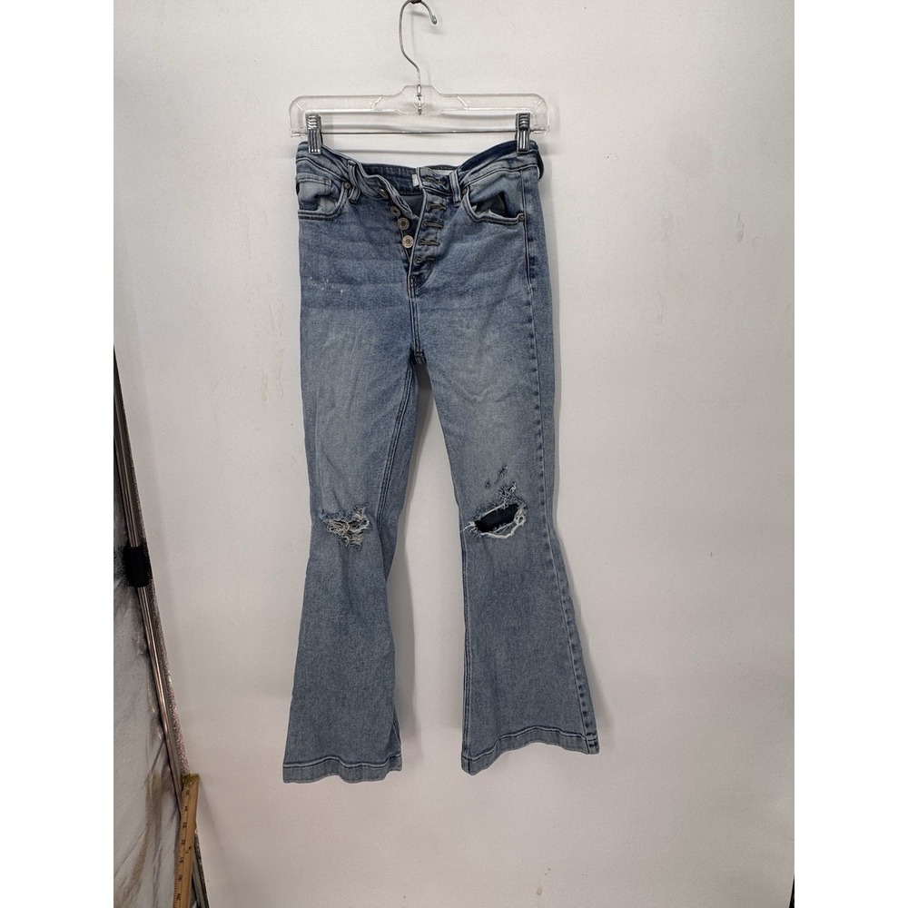 KanCan High Rise Super Flare Distressed Light Wash Jeans 25 Boho Western Bells